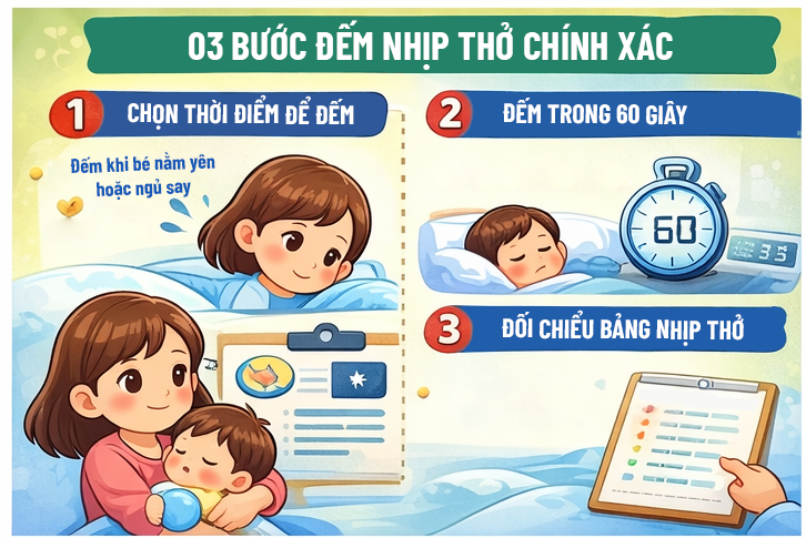 Hiệp hội Nhi khoa Hoa Kỳ (AAP) nhấn mạnh tầm quan trọng của việc đếm nhịp thở khi trẻ đang ở trạng thái bình tĩnh nhất.