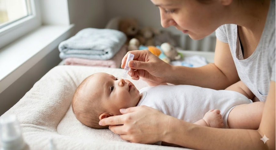 Nhỏ nước muối sinh lý giúp làm ẩm và loãng dịch nhầy đường thở trẻ sơ sinh