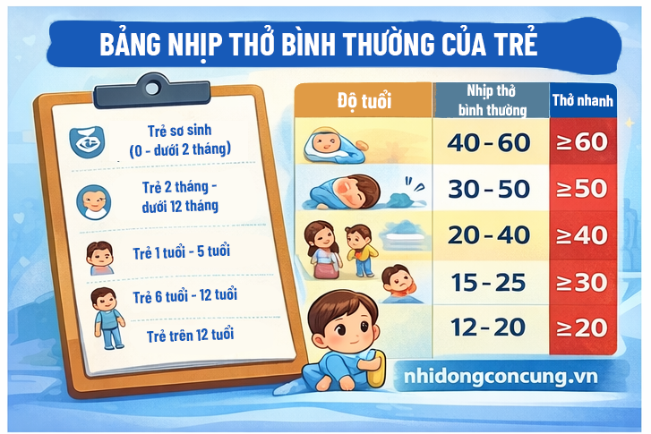 Trẻ càng nhỏ, nhịp thở càng nhanh. Khi trẻ lớn dần, nhịp thở sẽ chậm lại và ổn định hơn.