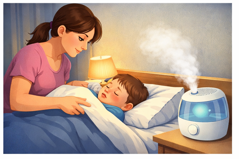 Sử dụng máy tạo độ ẩm phun sương mát để giữ độ ẩm không khí ở mức 50-60%. Không khí ẩm giúp làm dịu niêm mạc họng và làm loãng đờm.