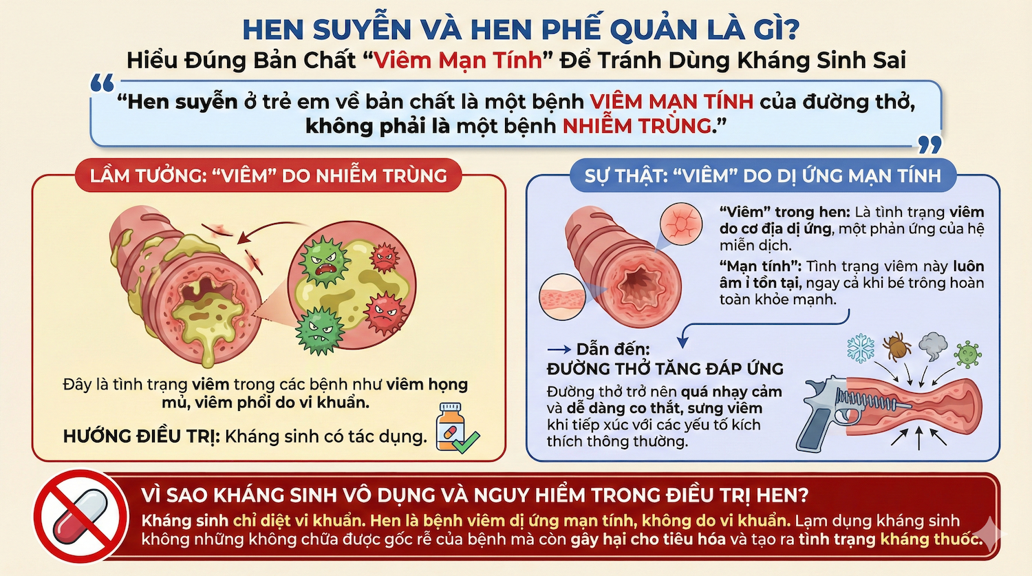 Hen suyễn và hen phế quản ở trẻ em là tình trạng viêm mạn tính đường thở