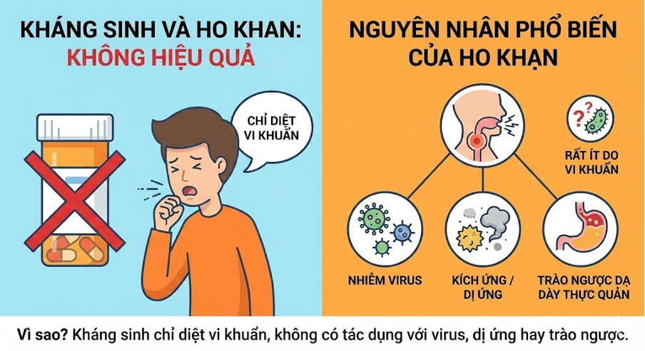 Kháng sinh là vũ khí mạnh mẽ được thiết kế để tiêu diệt vi khuẩn. Tuy nhiên, phần lớn các nguyên nhân gây ho khan ở trẻ em lại không liên quan đến vi khuẩn