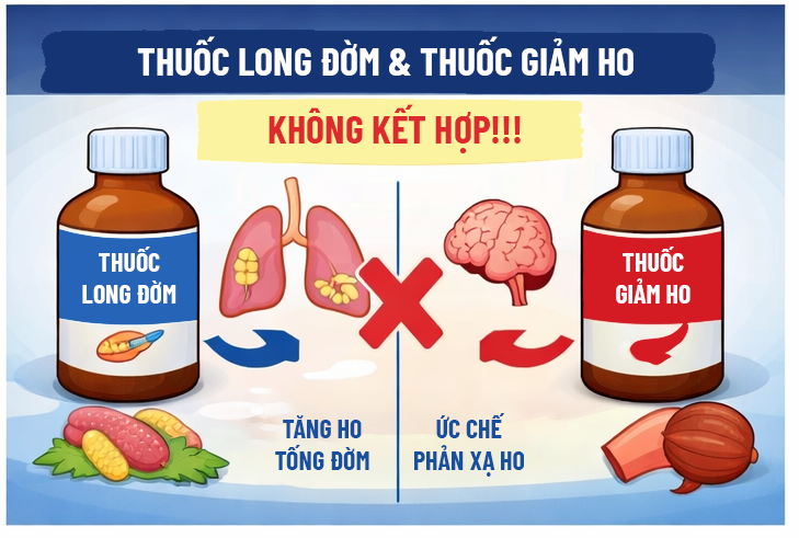 Thuốc long đờm và thuốc giảm ho có cơ chế hoạt động hoàn toàn trái ngược nhau và tuyệt đối không được tự ý kết hợp.