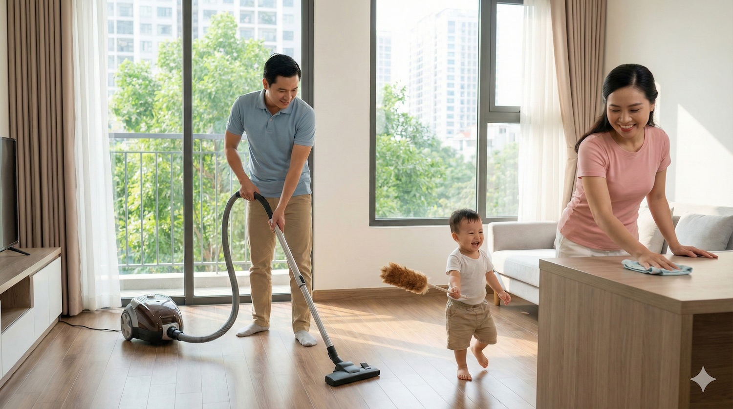 Vệ sinh nhà cửa: Hút bụi thường xuyên, giặt chăn ga gối đệm để loại bỏ mạt bụi nhà, nấm mốc