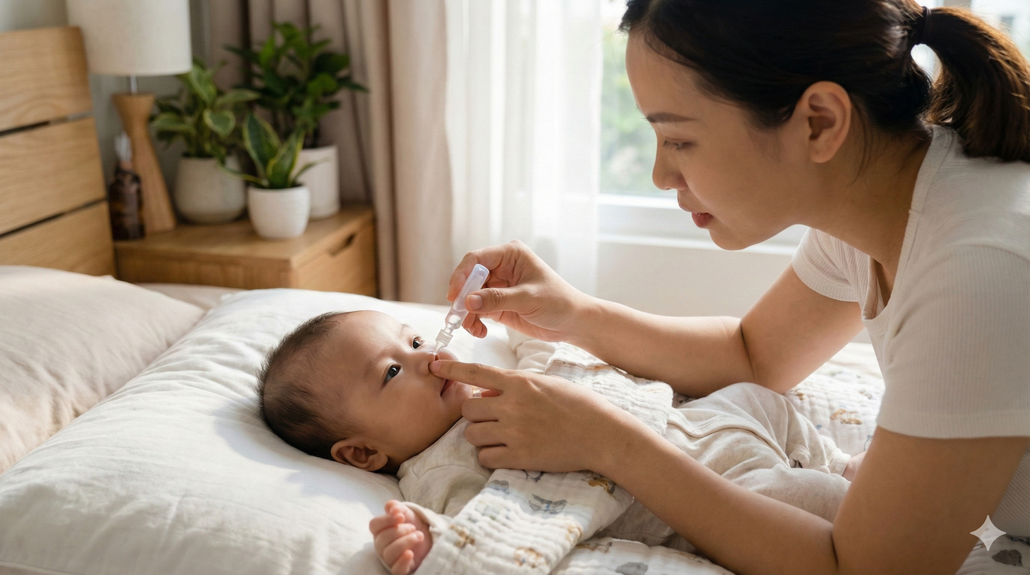 Nhỏ mũi cho trẻ để test thở khò khè