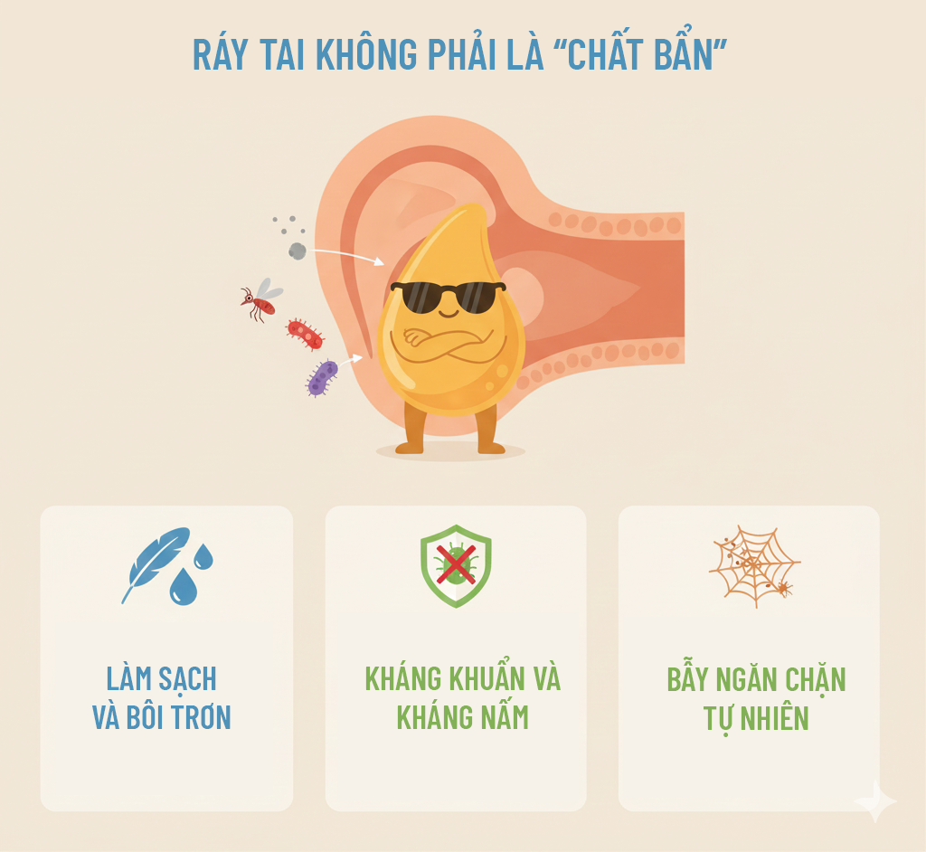 Ráy tai không phải là chất bẩn mà là lớp bảo vệ tự nhiên