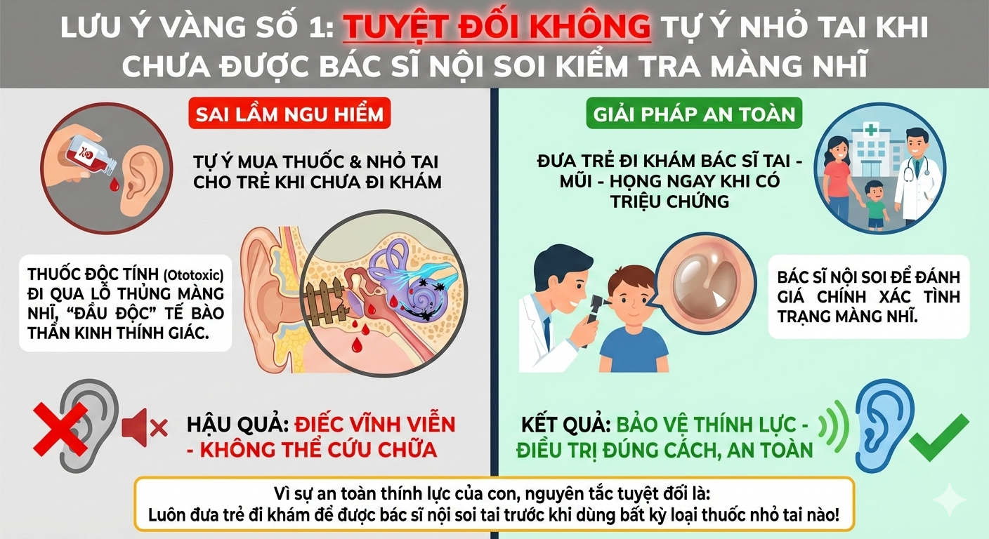 Tuyệt đối không tự ý nhỏ dung dịch lạ vào tai trẻ