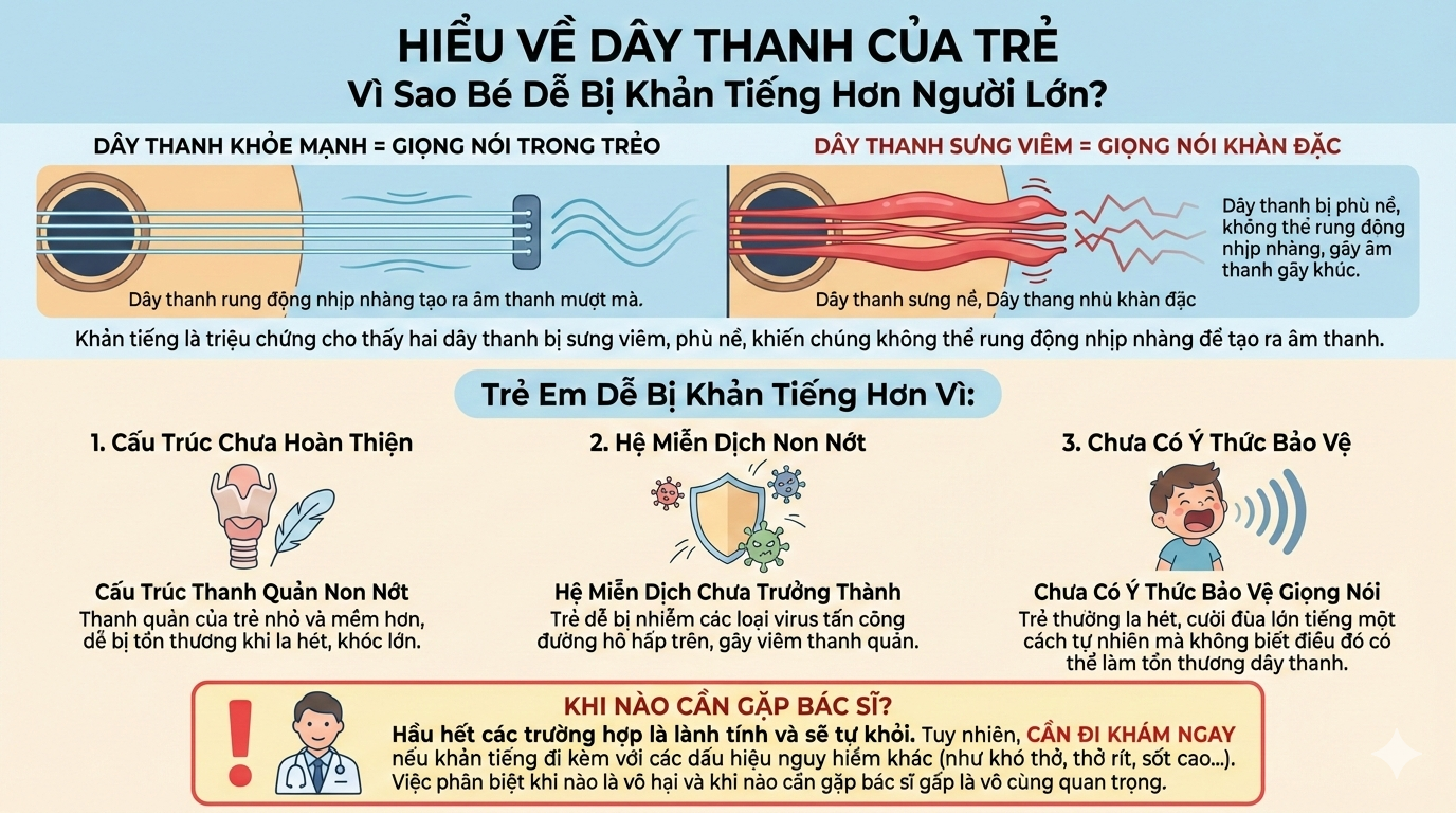Vì sao trẻ dễ bị khản tiếng hơn người lớn