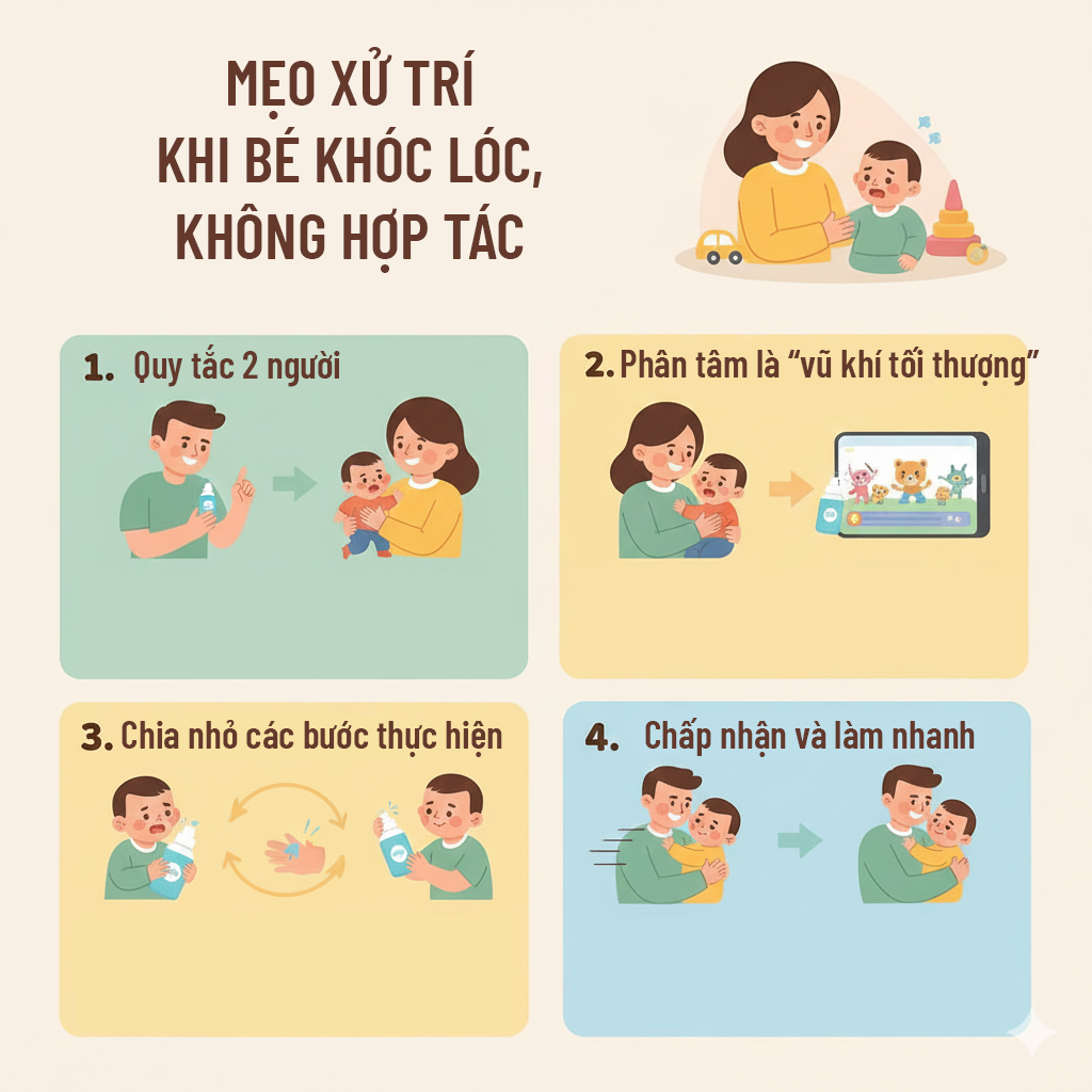 Mẹo xử trí khi bé không hợp tác làm sạch mũi