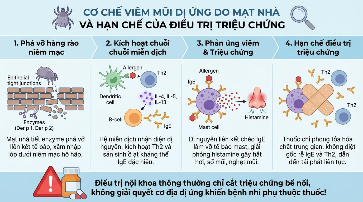 Cơ chế bệnh sinh của viêm mũi dị ứng do mạt nhà và hạn chế của điều trị triệu chứng