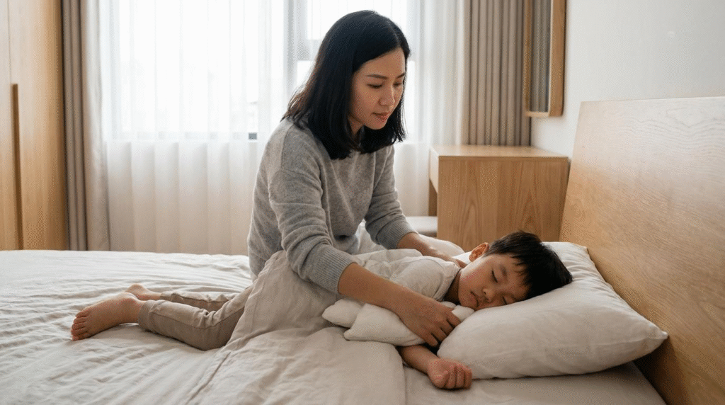 Khuyến nghị nâng cao phần đầu giường (từ vai trở lên) khoảng 15-30 độ. Khuyến khích trẻ ngủ ở tư thế nằm nghiêng (lateral decubitus position) thay vì nằm ngửa (supine)