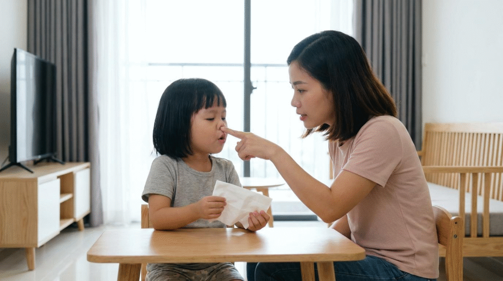 Đối với nhóm trẻ lớn tuổi (trên 3 tuổi): Cần huấn luyện trẻ kỹ thuật xì mũi sinh lý